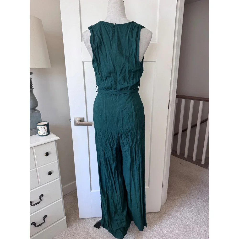 Juniper Blu Womens Forest Green Lace Trim Surplice V-Neck Wide Leg Jumpsuit - Picture 3 of 5